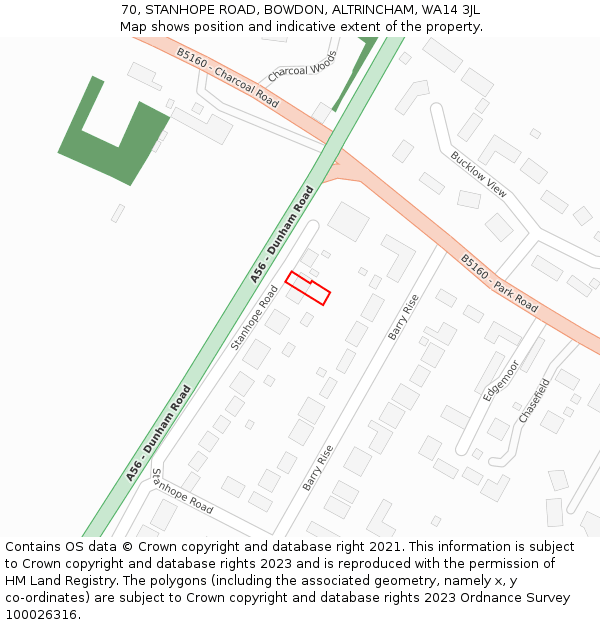 70, STANHOPE ROAD, BOWDON, ALTRINCHAM, WA14 3JL: Location map and indicative extent of plot