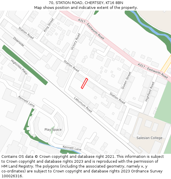 70, STATION ROAD, CHERTSEY, KT16 8BN: Location map and indicative extent of plot