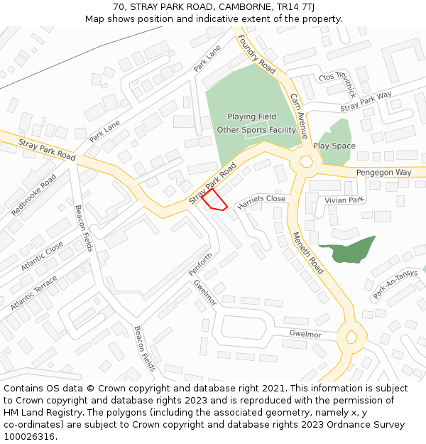 70, STRAY PARK ROAD, CAMBORNE, TR14 7TJ: Location map and indicative extent of plot