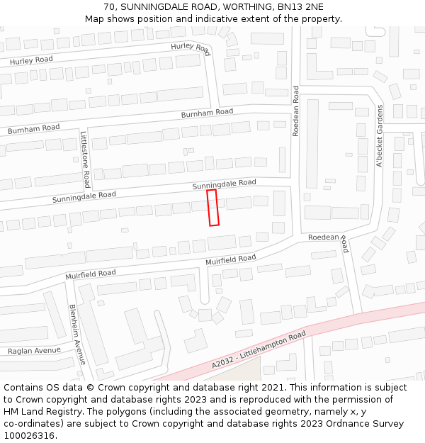 70, SUNNINGDALE ROAD, WORTHING, BN13 2NE: Location map and indicative extent of plot