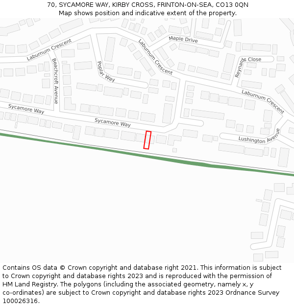 70, SYCAMORE WAY, KIRBY CROSS, FRINTON-ON-SEA, CO13 0QN: Location map and indicative extent of plot