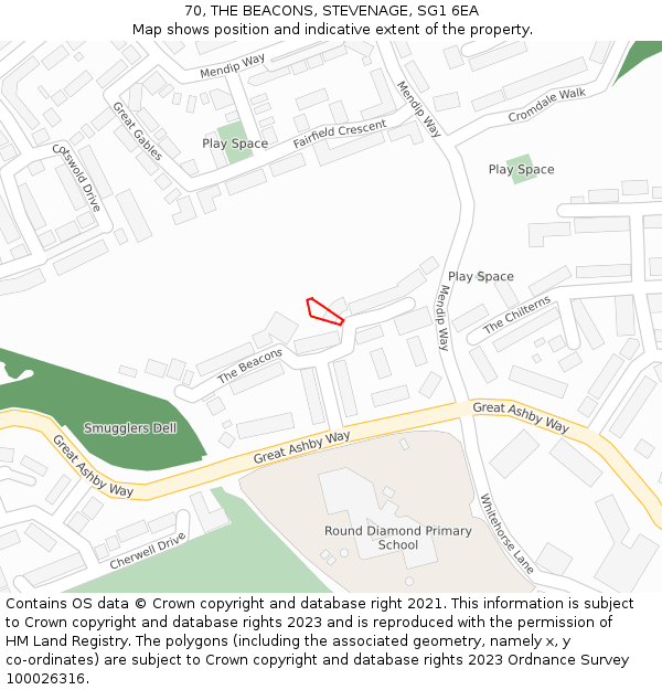 70, THE BEACONS, STEVENAGE, SG1 6EA: Location map and indicative extent of plot