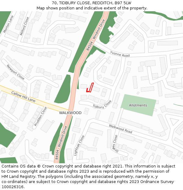 70, TIDBURY CLOSE, REDDITCH, B97 5LW: Location map and indicative extent of plot