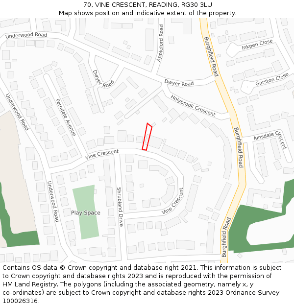 70, VINE CRESCENT, READING, RG30 3LU: Location map and indicative extent of plot