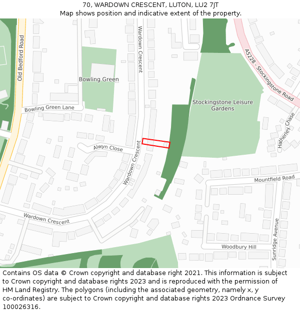 70, WARDOWN CRESCENT, LUTON, LU2 7JT: Location map and indicative extent of plot