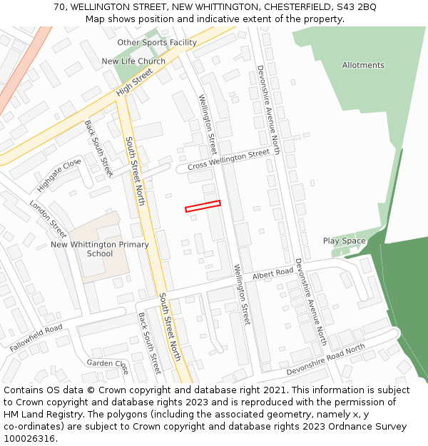 70, WELLINGTON STREET, NEW WHITTINGTON, CHESTERFIELD, S43 2BQ: Location map and indicative extent of plot