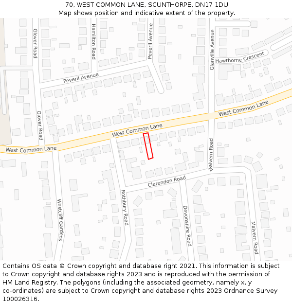 70, WEST COMMON LANE, SCUNTHORPE, DN17 1DU: Location map and indicative extent of plot