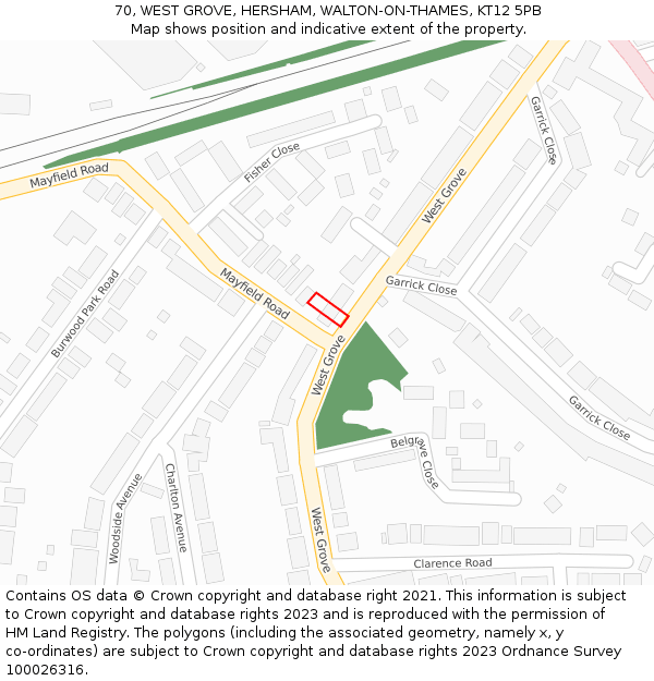 70, WEST GROVE, HERSHAM, WALTON-ON-THAMES, KT12 5PB: Location map and indicative extent of plot
