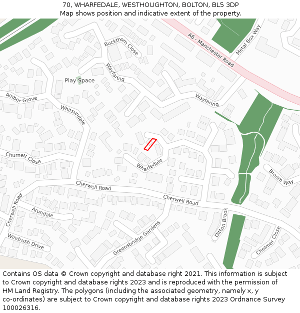 70, WHARFEDALE, WESTHOUGHTON, BOLTON, BL5 3DP: Location map and indicative extent of plot