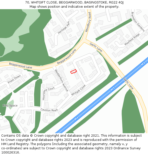 70, WHITGIFT CLOSE, BEGGARWOOD, BASINGSTOKE, RG22 4QJ: Location map and indicative extent of plot