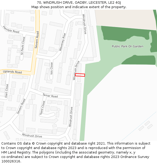 70, WINDRUSH DRIVE, OADBY, LEICESTER, LE2 4GJ: Location map and indicative extent of plot