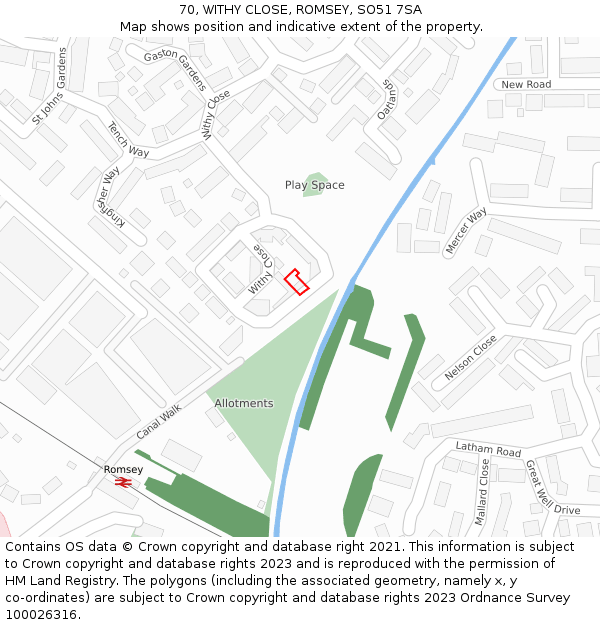 70, WITHY CLOSE, ROMSEY, SO51 7SA: Location map and indicative extent of plot