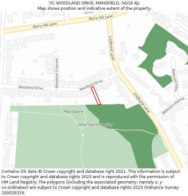 70, WOODLAND DRIVE, MANSFIELD, NG18 4JL: Location map and indicative extent of plot