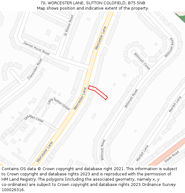 70, WORCESTER LANE, SUTTON COLDFIELD, B75 5NB: Location map and indicative extent of plot