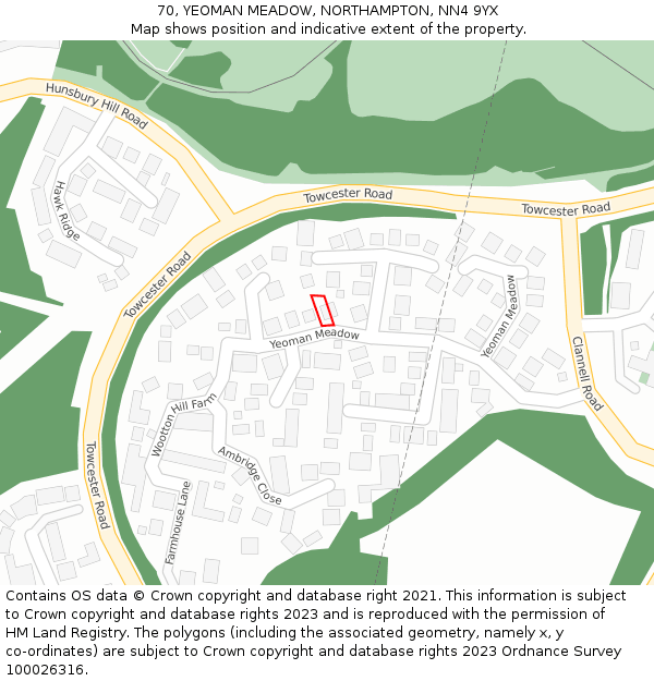 70, YEOMAN MEADOW, NORTHAMPTON, NN4 9YX: Location map and indicative extent of plot