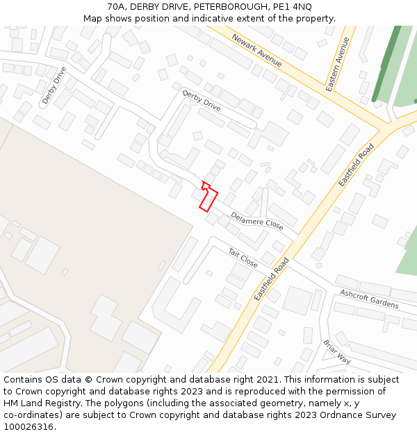 70A, DERBY DRIVE, PETERBOROUGH, PE1 4NQ: Location map and indicative extent of plot