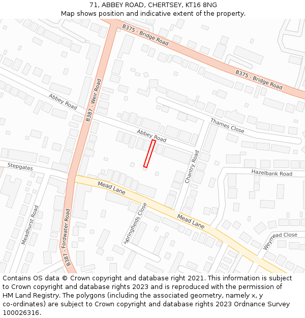 71, ABBEY ROAD, CHERTSEY, KT16 8NG: Location map and indicative extent of plot