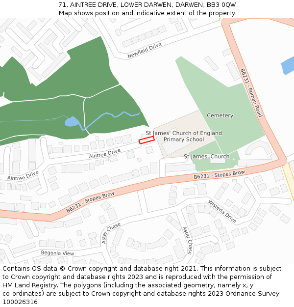 71, AINTREE DRIVE, LOWER DARWEN, DARWEN, BB3 0QW: Location map and indicative extent of plot