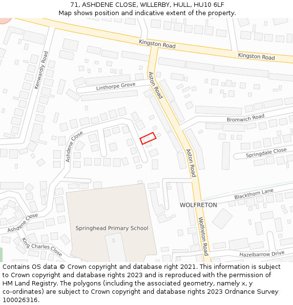 71, ASHDENE CLOSE, WILLERBY, HULL, HU10 6LF: Location map and indicative extent of plot