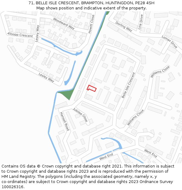 71, BELLE ISLE CRESCENT, BRAMPTON, HUNTINGDON, PE28 4SH: Location map and indicative extent of plot