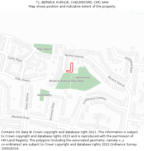 71, BERWICK AVENUE, CHELMSFORD, CM1 4AW: Location map and indicative extent of plot