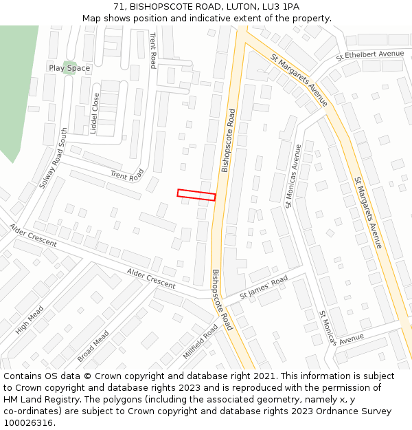 71, BISHOPSCOTE ROAD, LUTON, LU3 1PA: Location map and indicative extent of plot