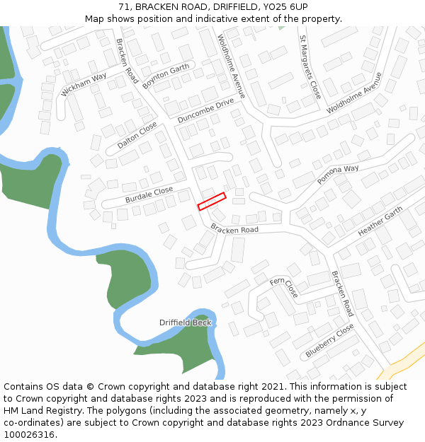 71, BRACKEN ROAD, DRIFFIELD, YO25 6UP: Location map and indicative extent of plot