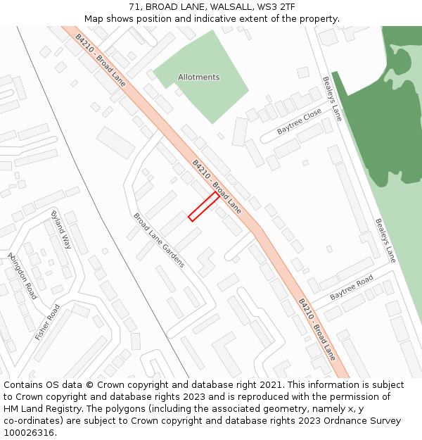 71, BROAD LANE, WALSALL, WS3 2TF: Location map and indicative extent of plot