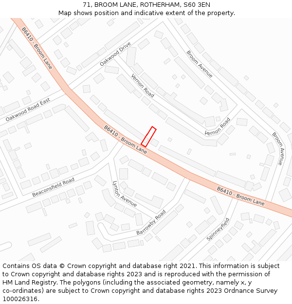 71, BROOM LANE, ROTHERHAM, S60 3EN: Location map and indicative extent of plot