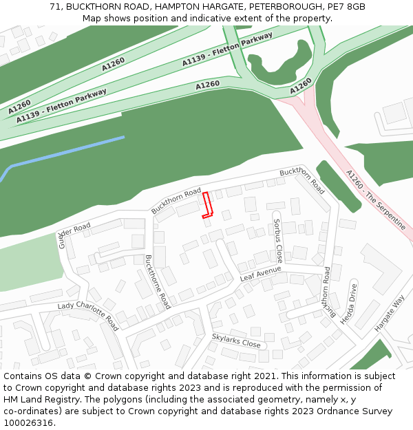 71, BUCKTHORN ROAD, HAMPTON HARGATE, PETERBOROUGH, PE7 8GB: Location map and indicative extent of plot