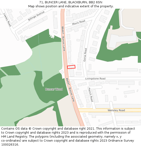 71, BUNCER LANE, BLACKBURN, BB2 6SN: Location map and indicative extent of plot