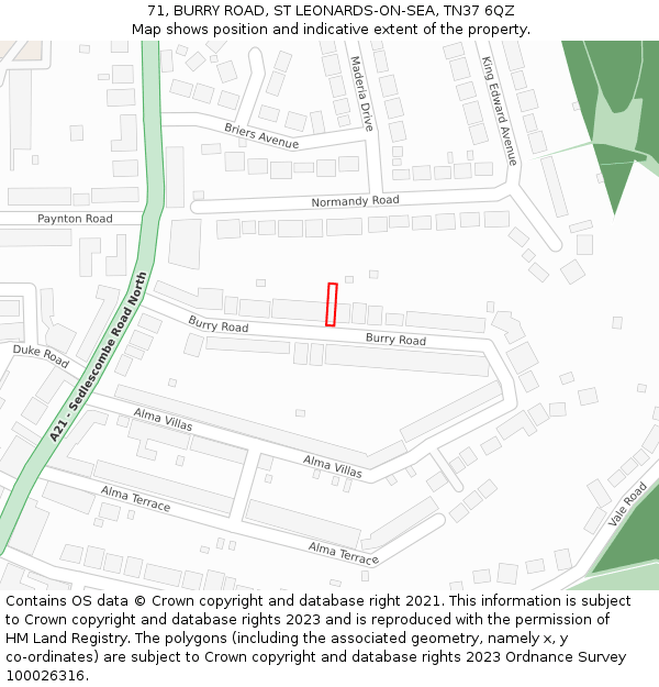 71, BURRY ROAD, ST LEONARDS-ON-SEA, TN37 6QZ: Location map and indicative extent of plot