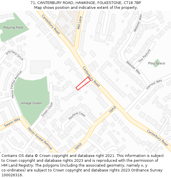 71, CANTERBURY ROAD, HAWKINGE, FOLKESTONE, CT18 7BP: Location map and indicative extent of plot