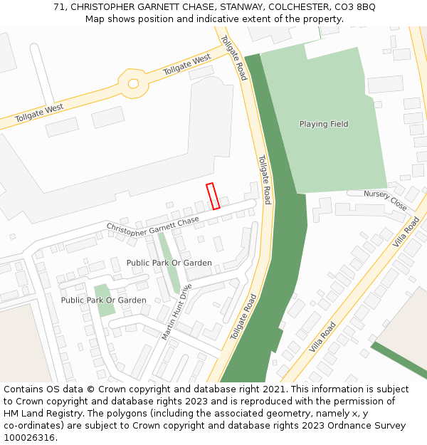 71, CHRISTOPHER GARNETT CHASE, STANWAY, COLCHESTER, CO3 8BQ: Location map and indicative extent of plot