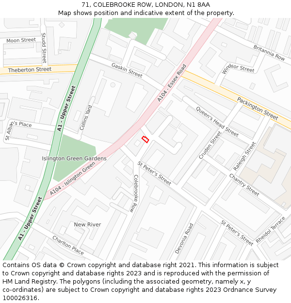 71, COLEBROOKE ROW, LONDON, N1 8AA: Location map and indicative extent of plot