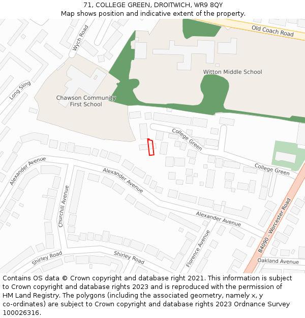 71, COLLEGE GREEN, DROITWICH, WR9 8QY: Location map and indicative extent of plot