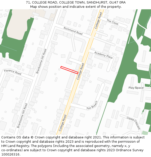 71, COLLEGE ROAD, COLLEGE TOWN, SANDHURST, GU47 0RA: Location map and indicative extent of plot