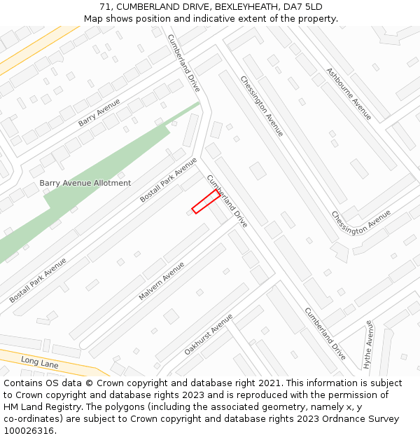 71, CUMBERLAND DRIVE, BEXLEYHEATH, DA7 5LD: Location map and indicative extent of plot