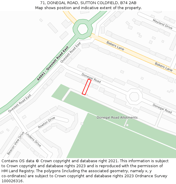 71, DONEGAL ROAD, SUTTON COLDFIELD, B74 2AB: Location map and indicative extent of plot