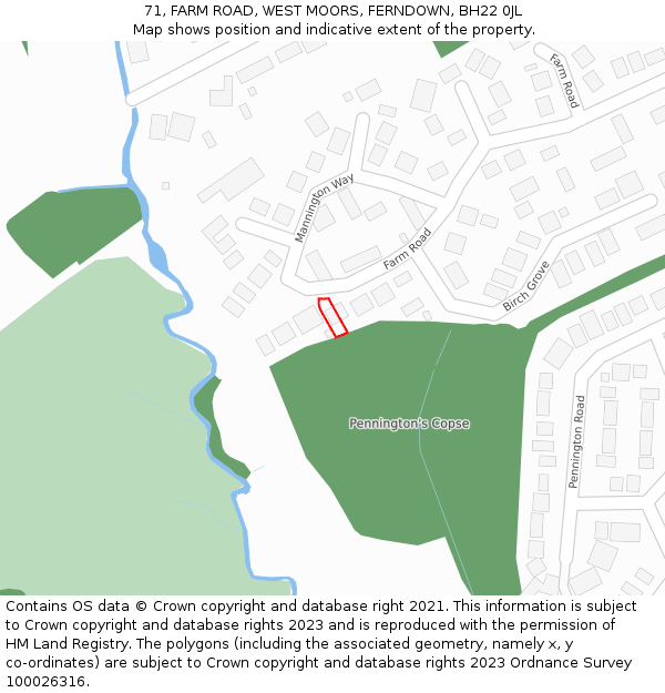 71, FARM ROAD, WEST MOORS, FERNDOWN, BH22 0JL: Location map and indicative extent of plot