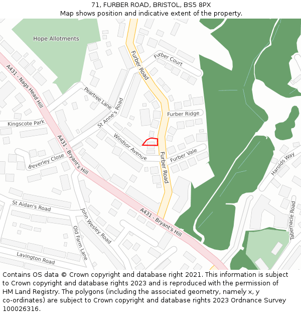 71, FURBER ROAD, BRISTOL, BS5 8PX: Location map and indicative extent of plot