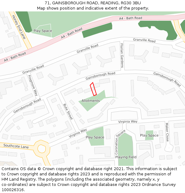 71, GAINSBOROUGH ROAD, READING, RG30 3BU: Location map and indicative extent of plot