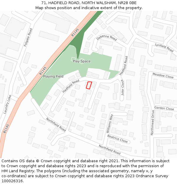 71, HADFIELD ROAD, NORTH WALSHAM, NR28 0BE: Location map and indicative extent of plot