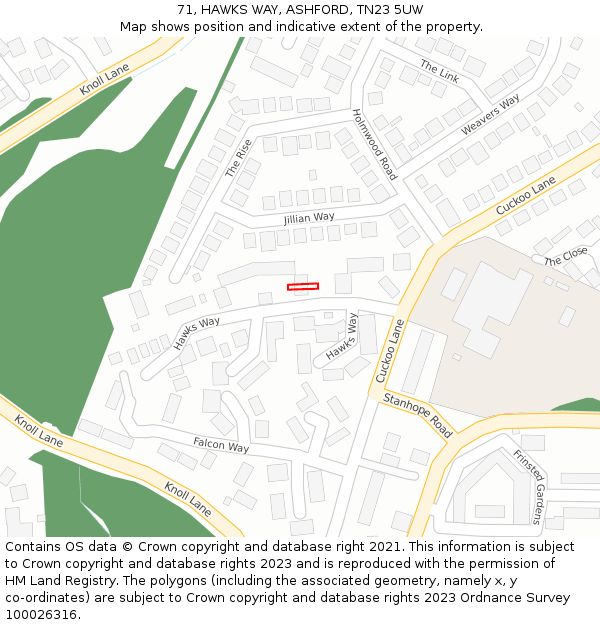 71, HAWKS WAY, ASHFORD, TN23 5UW: Location map and indicative extent of plot