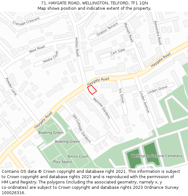 71, HAYGATE ROAD, WELLINGTON, TELFORD, TF1 1QN: Location map and indicative extent of plot