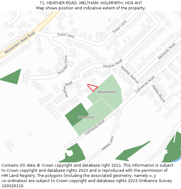 71, HEATHER ROAD, MELTHAM, HOLMFIRTH, HD9 4HT: Location map and indicative extent of plot