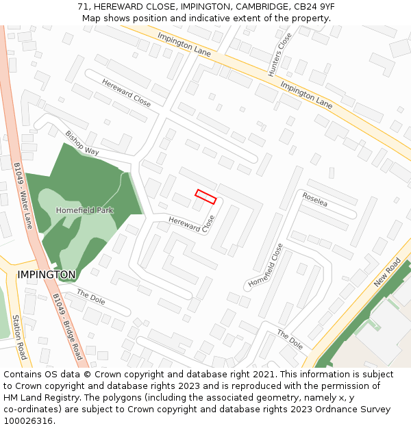 71, HEREWARD CLOSE, IMPINGTON, CAMBRIDGE, CB24 9YF: Location map and indicative extent of plot