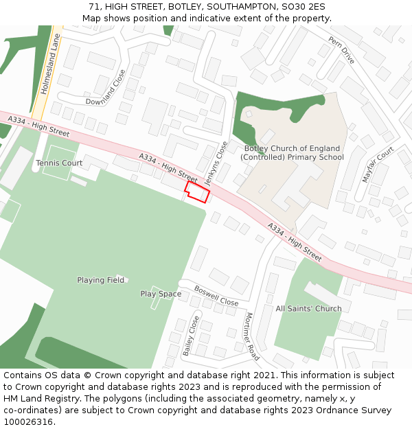 71, HIGH STREET, BOTLEY, SOUTHAMPTON, SO30 2ES: Location map and indicative extent of plot