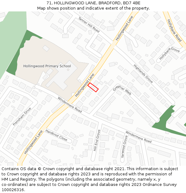 71, HOLLINGWOOD LANE, BRADFORD, BD7 4BE: Location map and indicative extent of plot