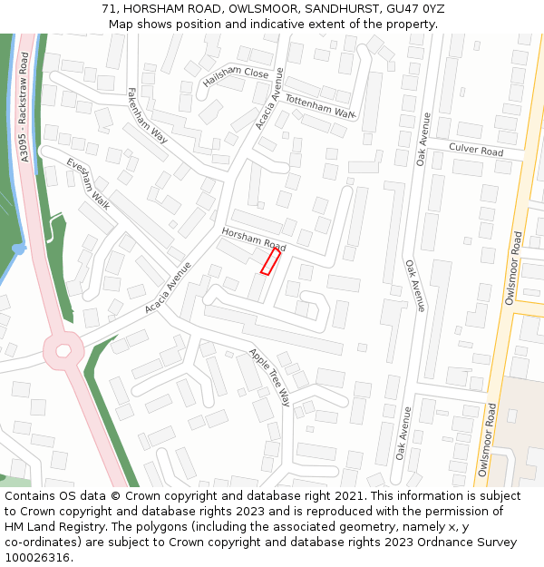 71, HORSHAM ROAD, OWLSMOOR, SANDHURST, GU47 0YZ: Location map and indicative extent of plot